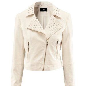 H&M White Studded Canvas Moto Jacket